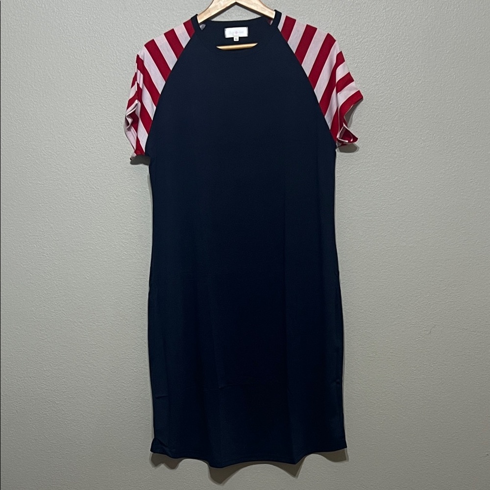 Sign Here Patriotic Tee Shirt Midi Dress Women’s Size XL Short Sleeve‎ Red Blue